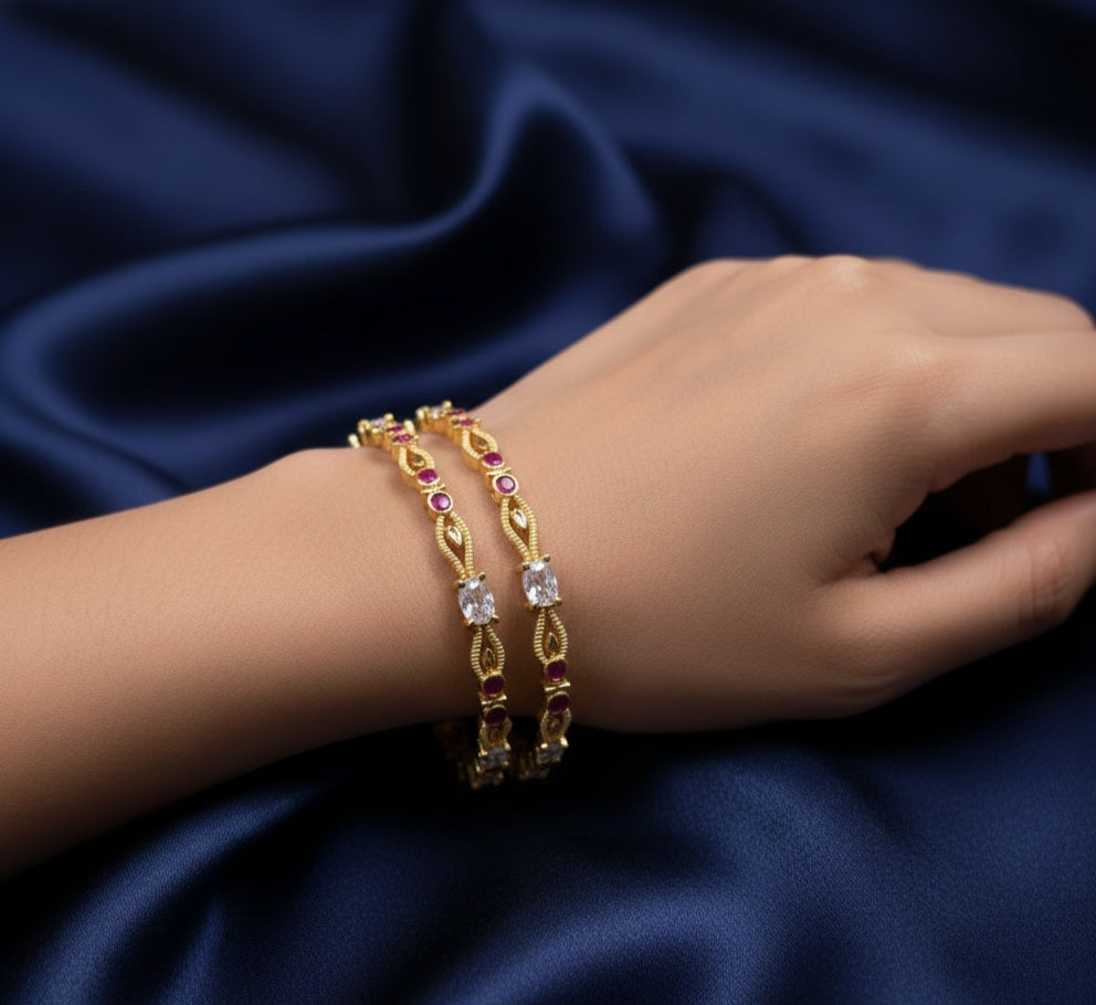 White Stone Floral Bangle - Gold Plated Traditional Jewelry (Pair)