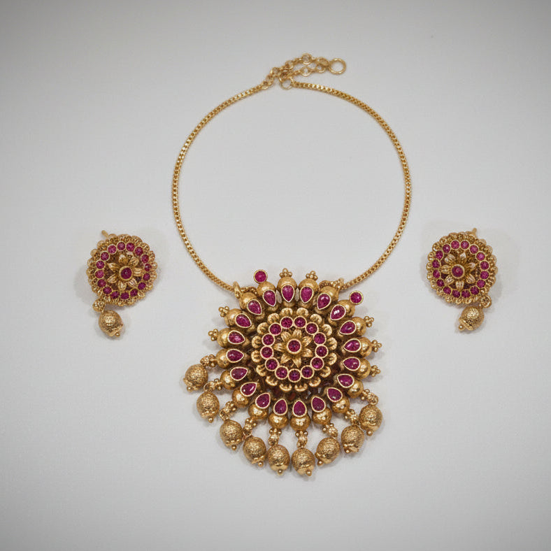 Royal Pink Floral Statement Pendant Set