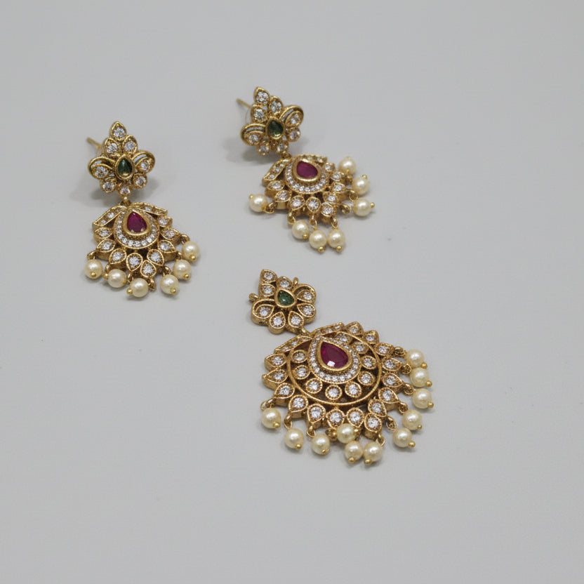 Elegant Pearl & Ruby Drop Pendant Set