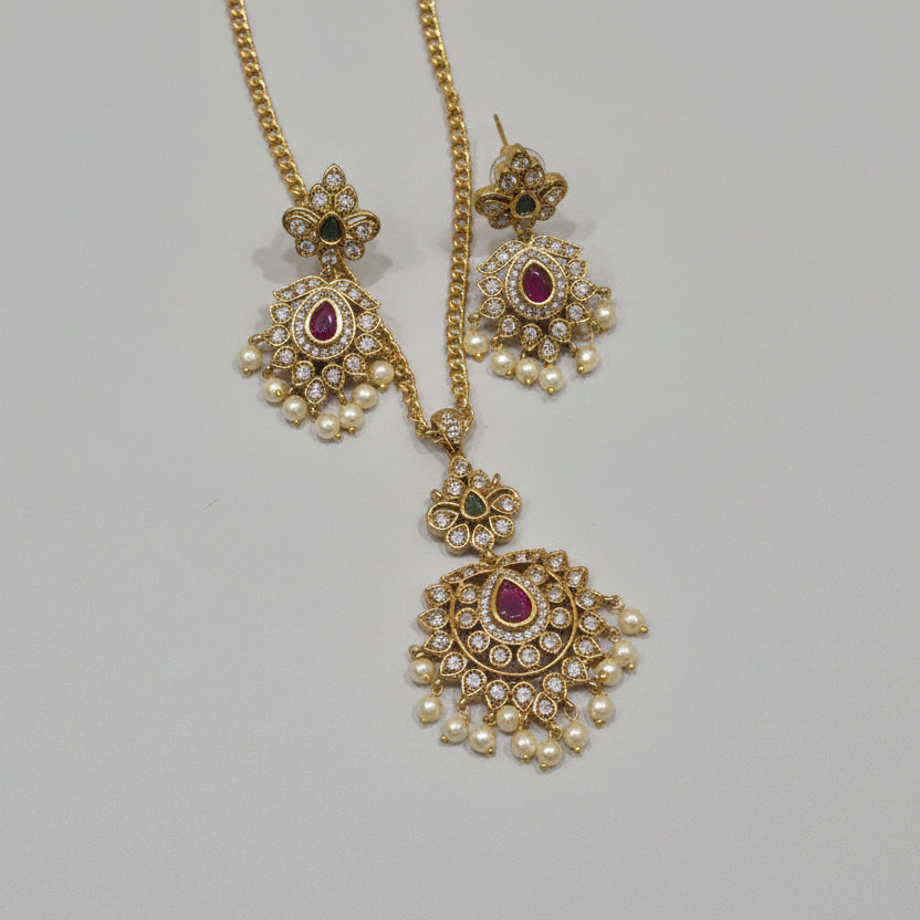 Elegant Pearl & Ruby Drop Pendant Set