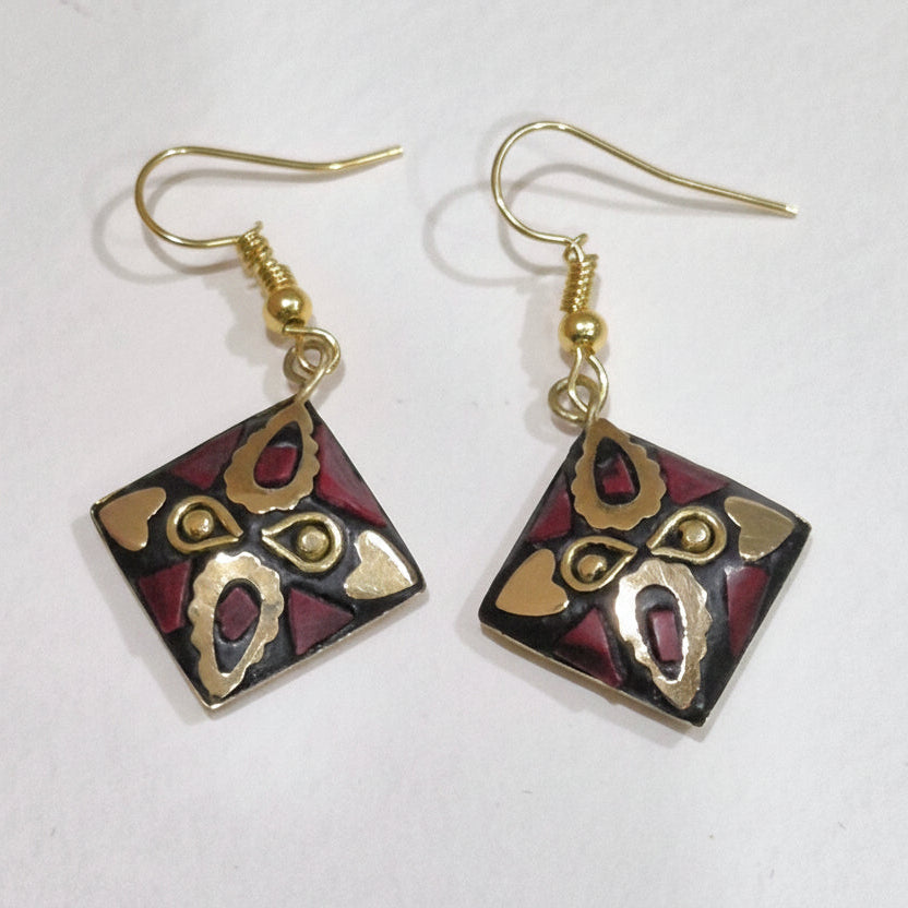 Handcrafted Tribal Square Earrings (Red)