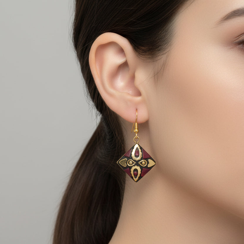 Handcrafted Tribal Square Earrings (Red)