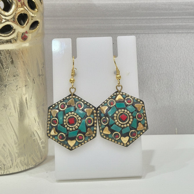 Hexagon Tribal Mosaic Earrings