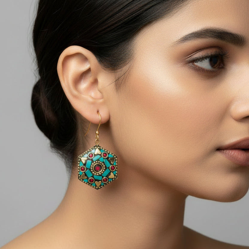 Hexagon Tribal Mosaic Earrings