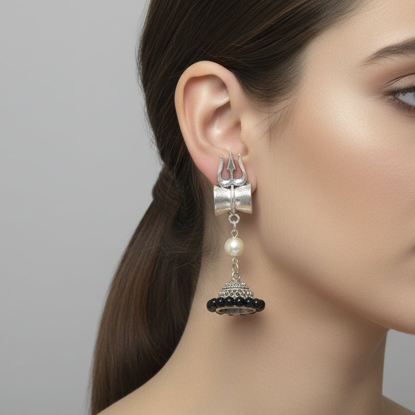 Trishul Pearl Drop Jhumka (Silver)