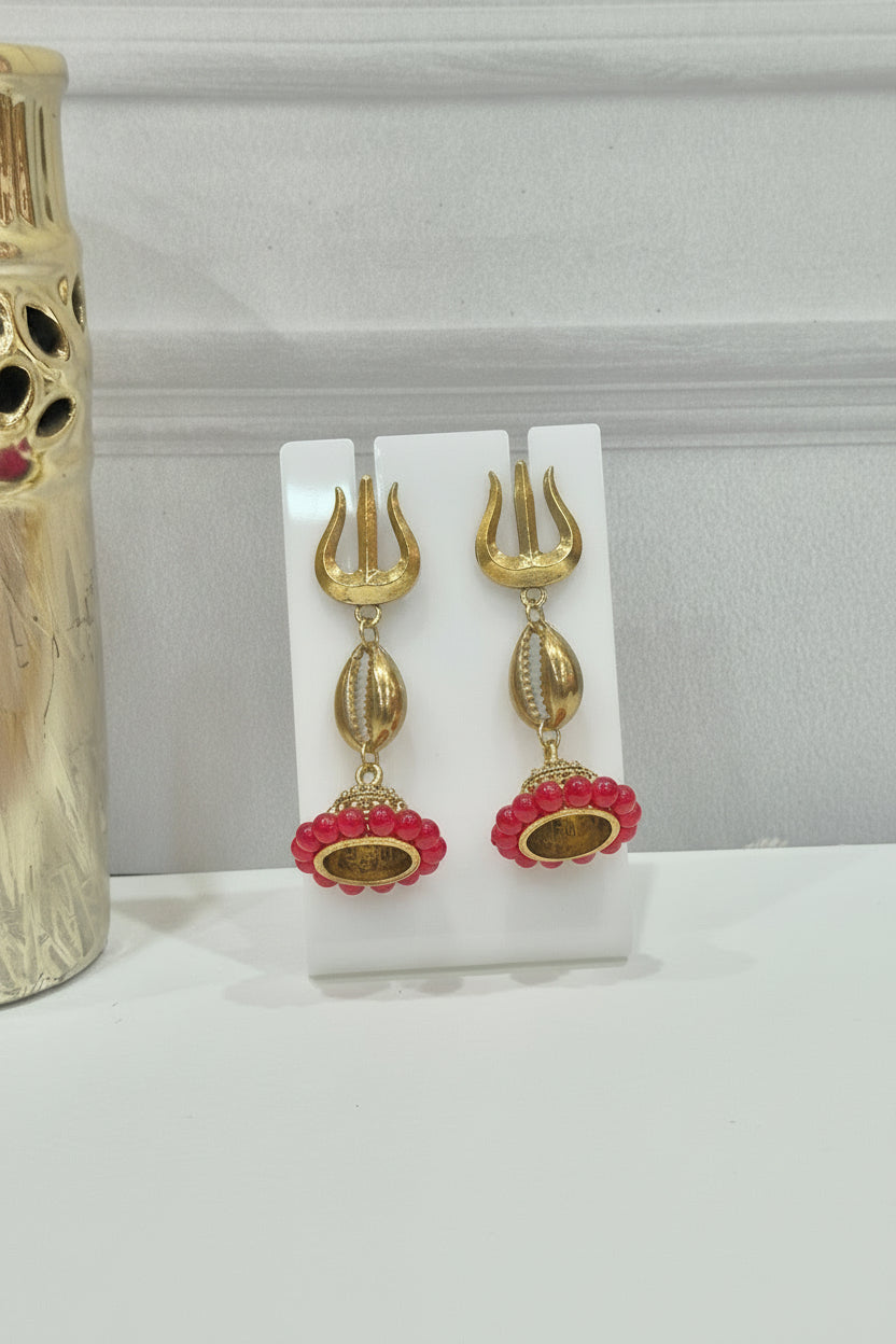 Trishul Red Bead Jhumka (Gold)