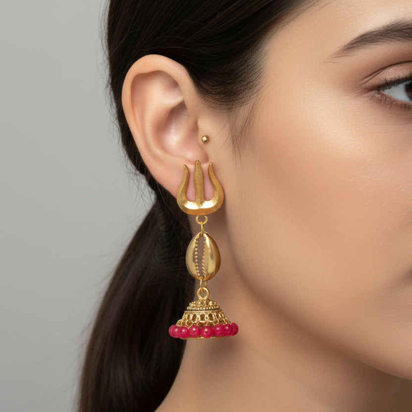 Trishul Red Bead Jhumka (Gold)