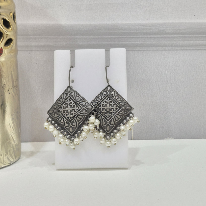 Oxidised Pearl Fringe Earrings