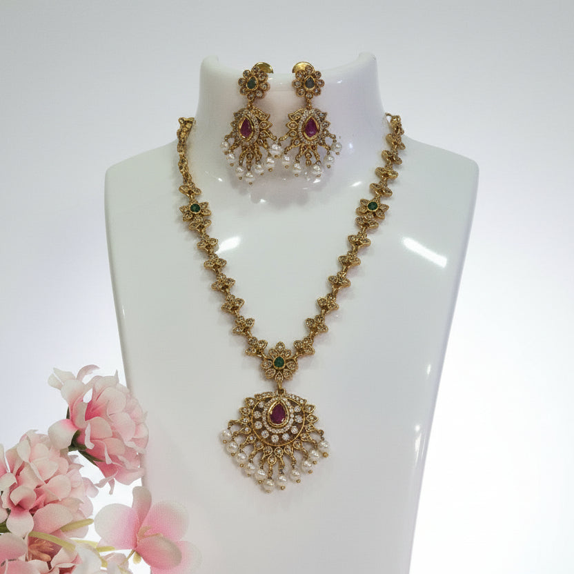 Ruby Pearl Drop Necklace Set