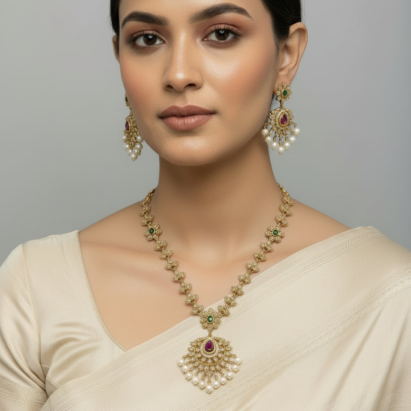 Ruby Pearl Drop Necklace Set