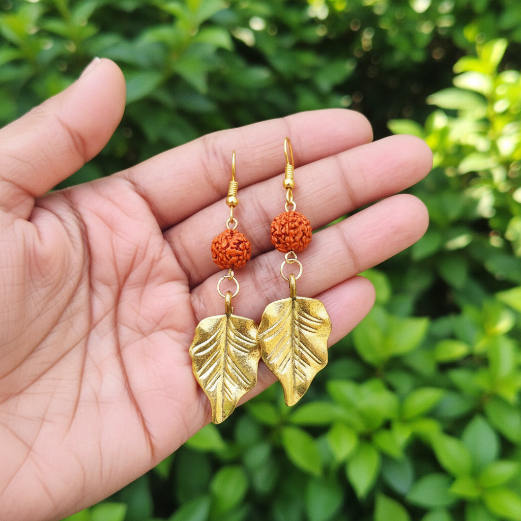 Golden Leaf Rudraksha Earrings