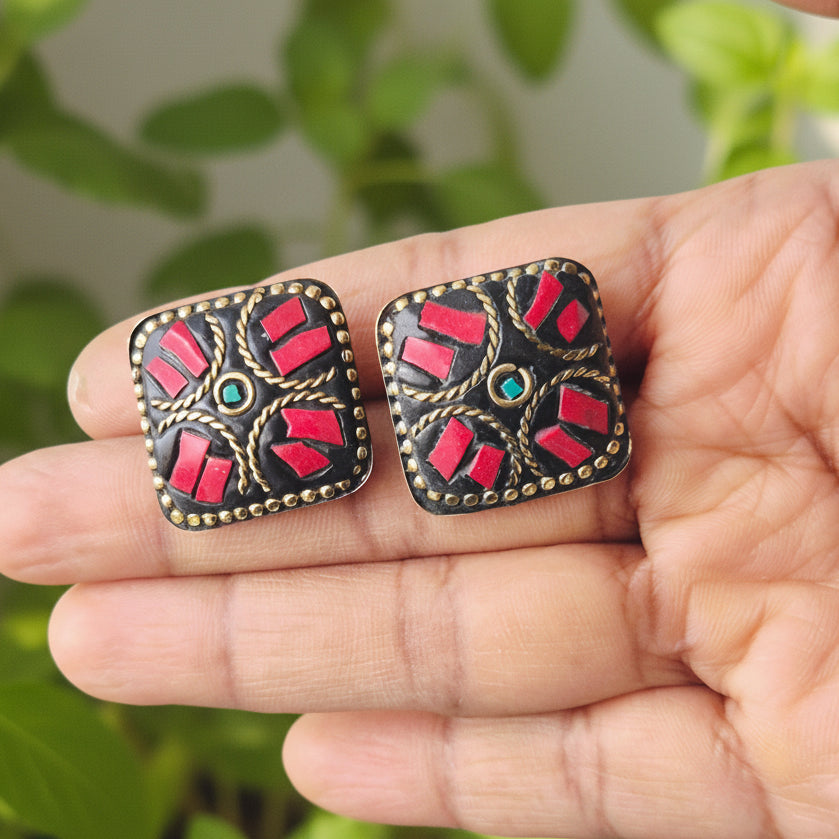 Crimson Heritage Square Stud Earrings