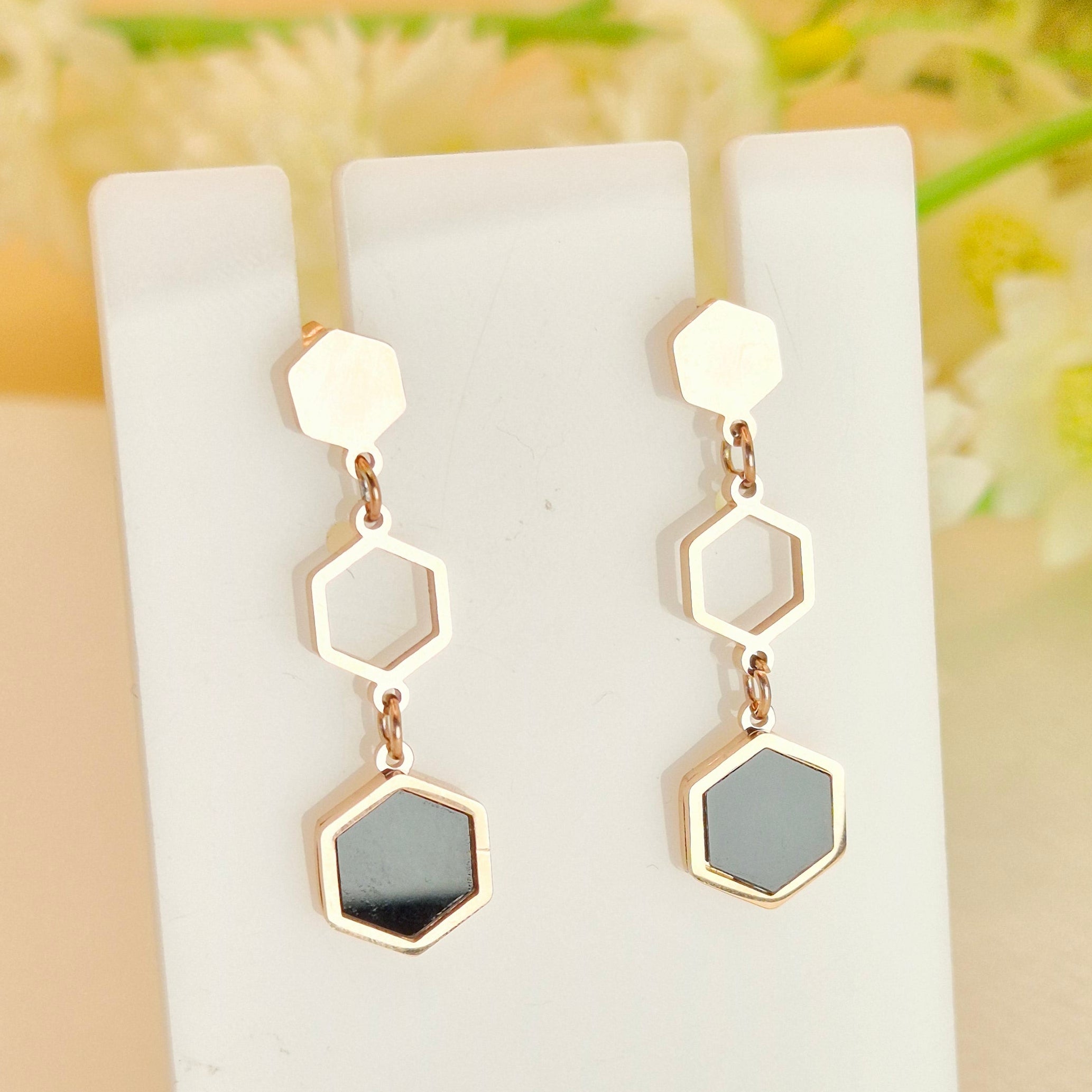 Black Hex Drop Earrings