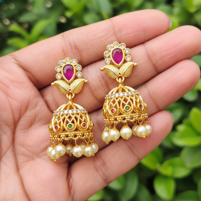 Ruby Pearl Lotus Jhumkas
