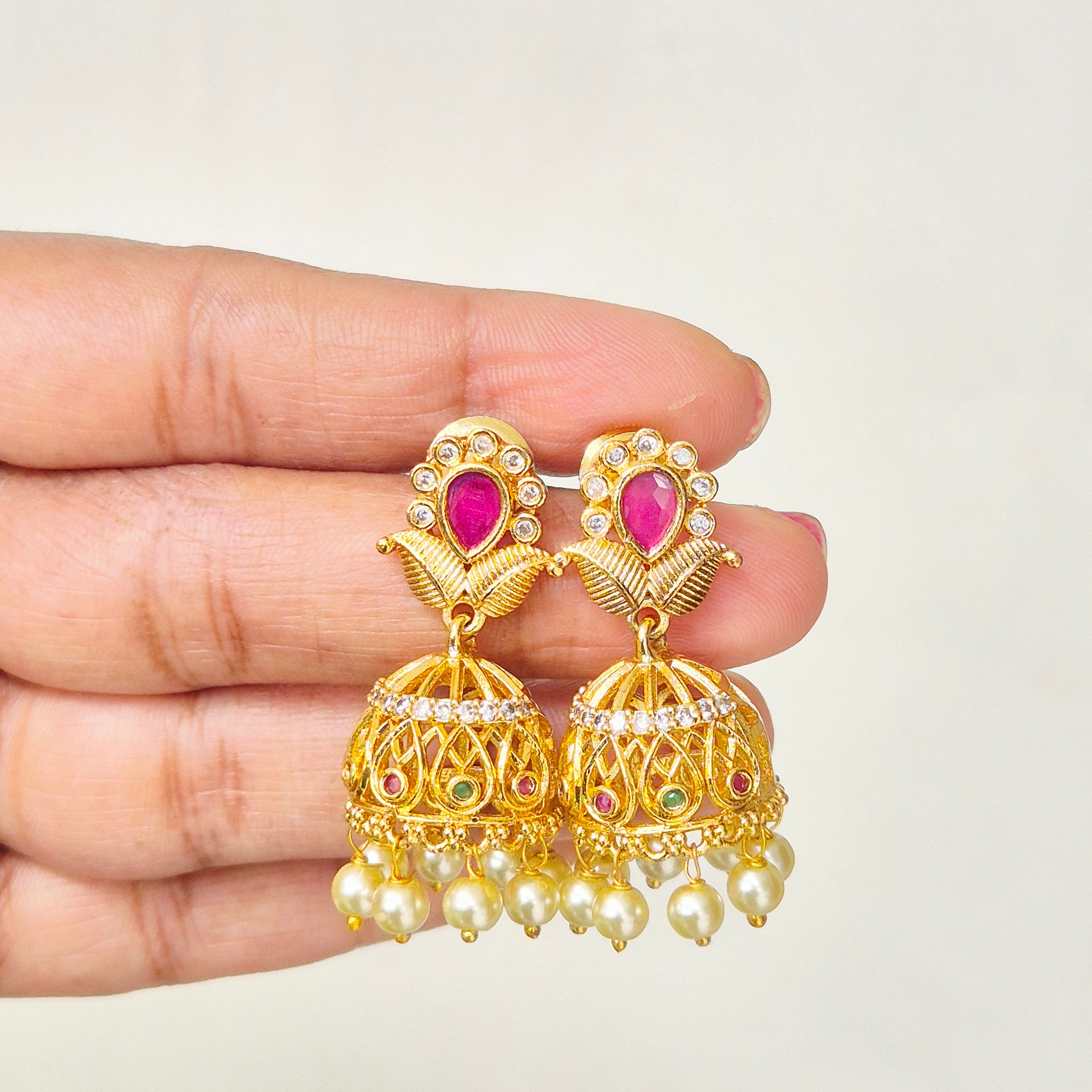 Ruby Pearl Lotus Jhumkas