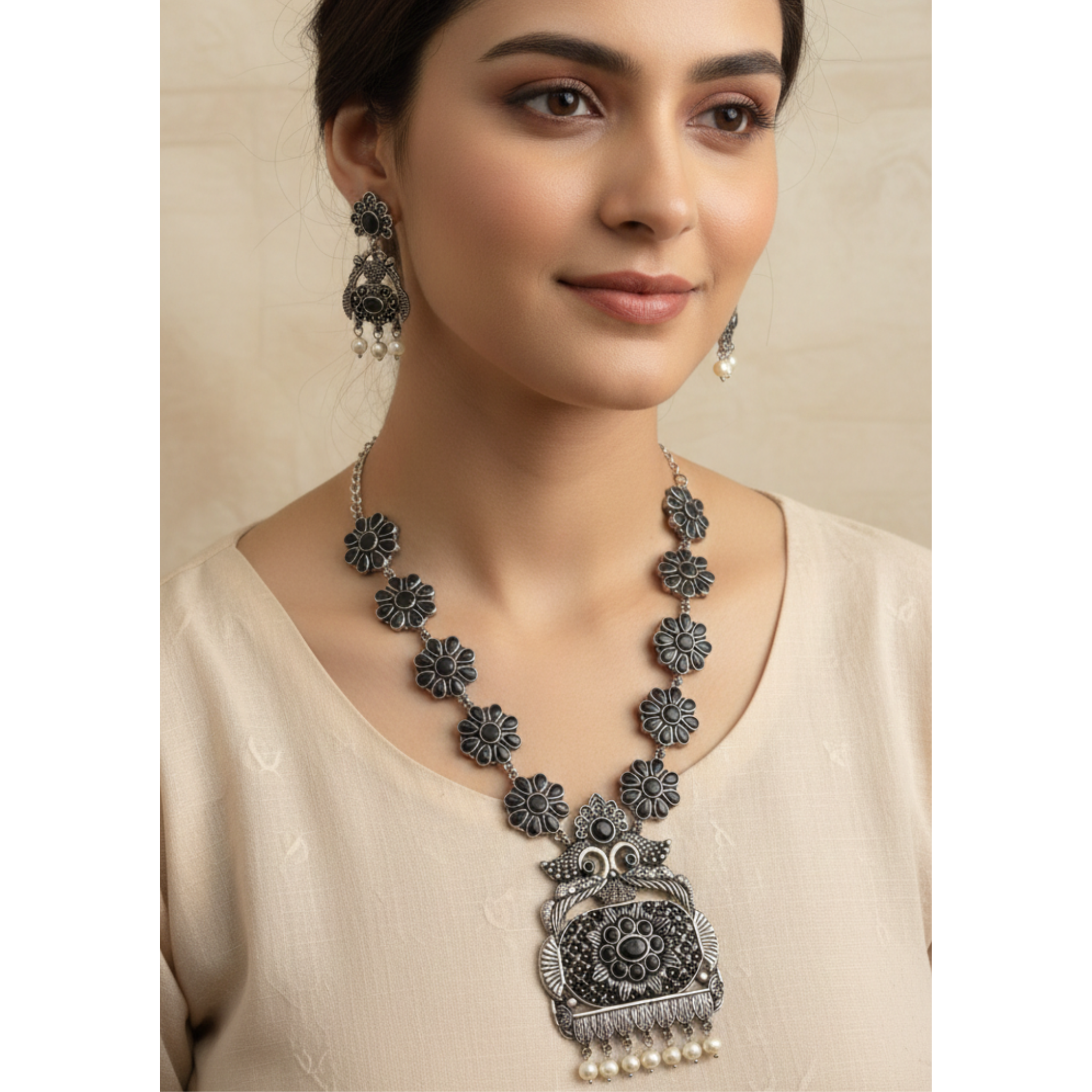 Flower Design Oxidized Necklace Set