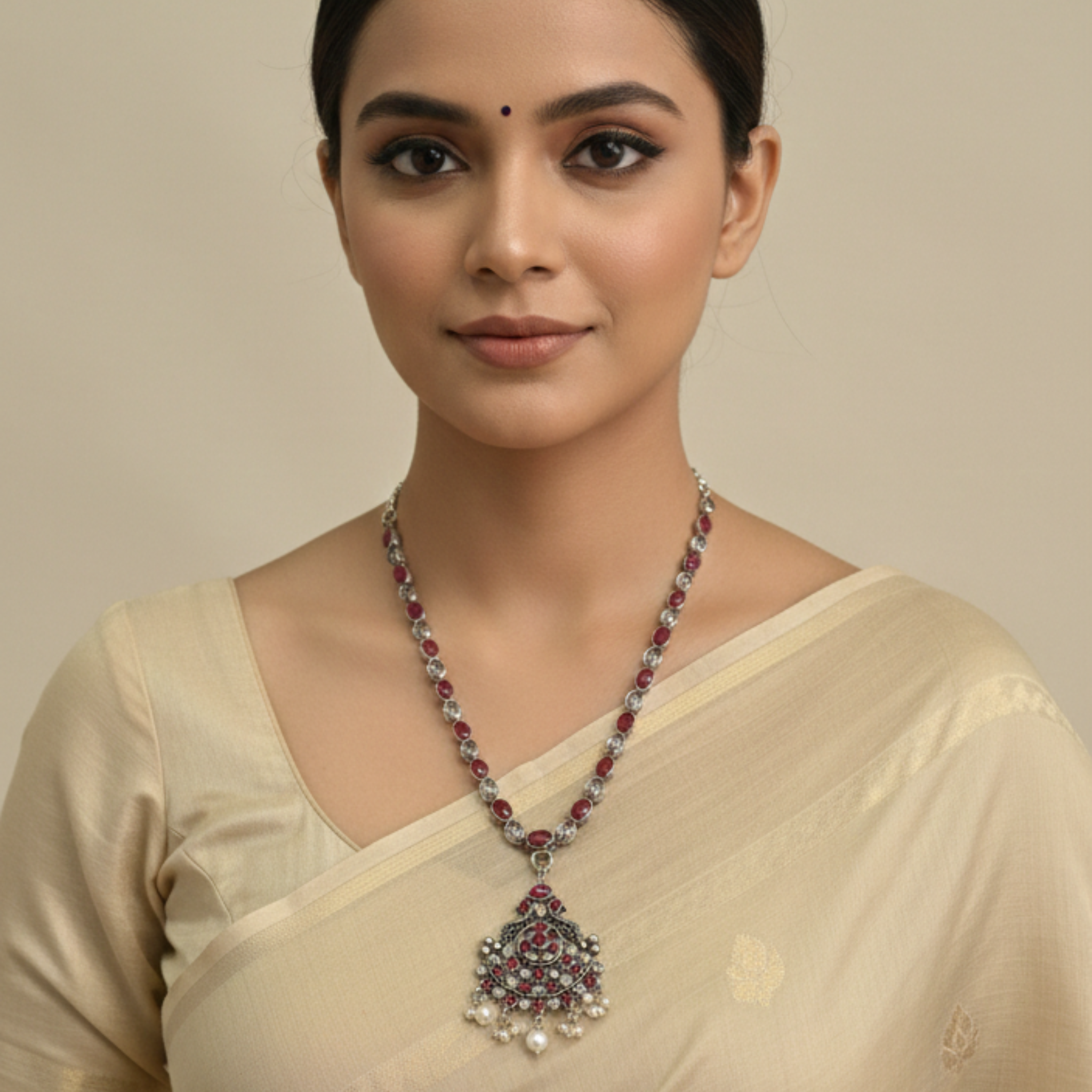 Red Stone Oxidized Necklace Set