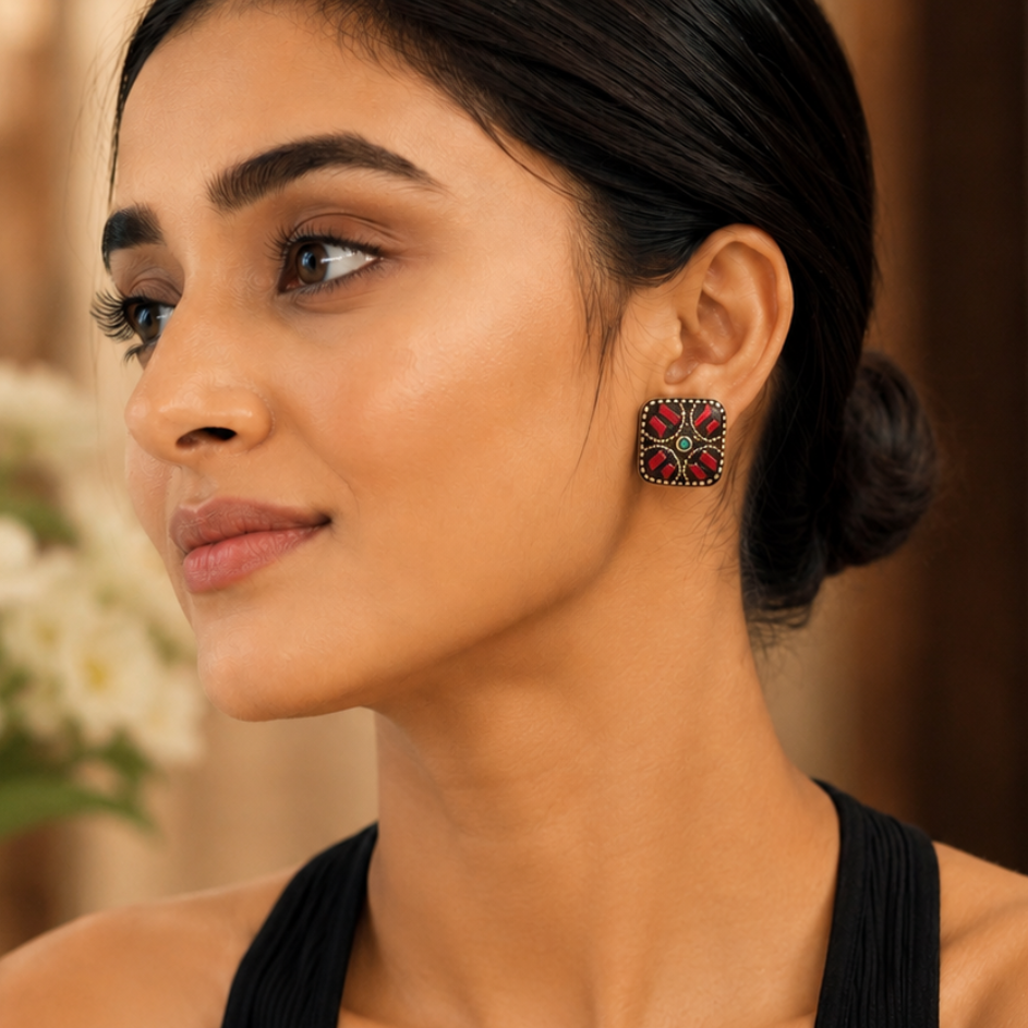 Crimson Heritage Square Stud Earrings