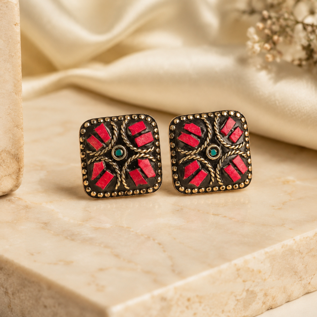 Crimson Heritage Square Stud Earrings