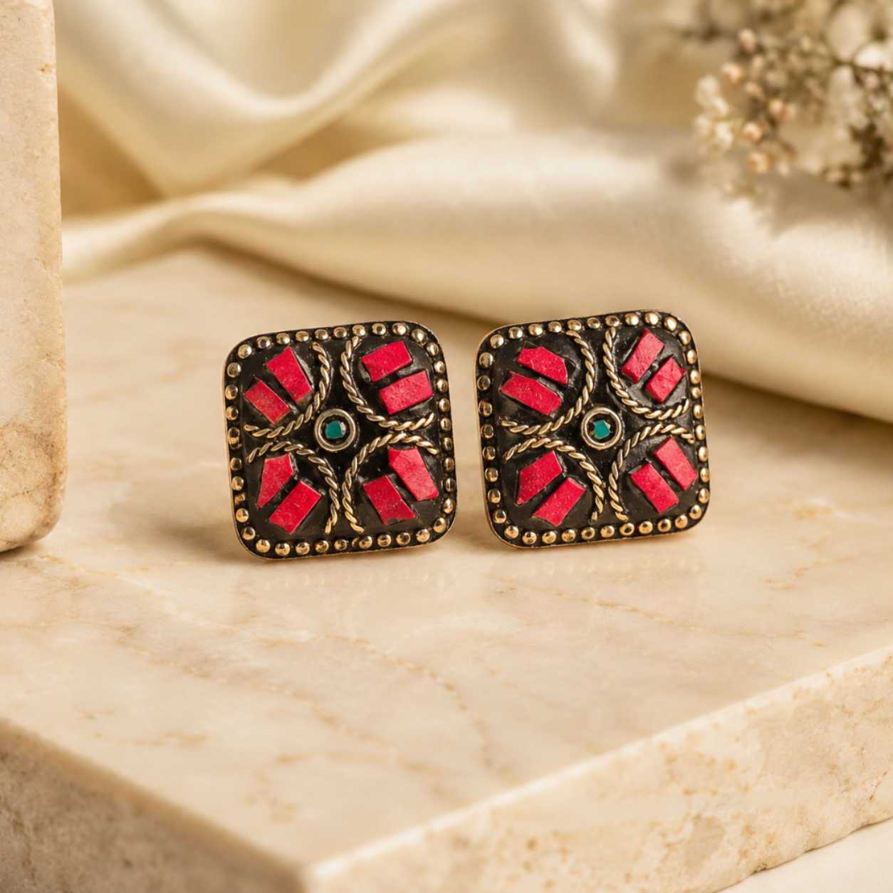 Crimson Heritage Square Stud Earrings