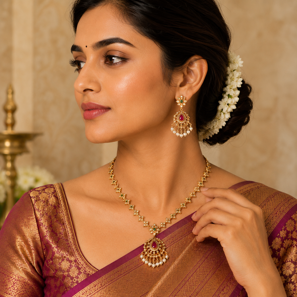 Ruby Pearl Drop Necklace Set