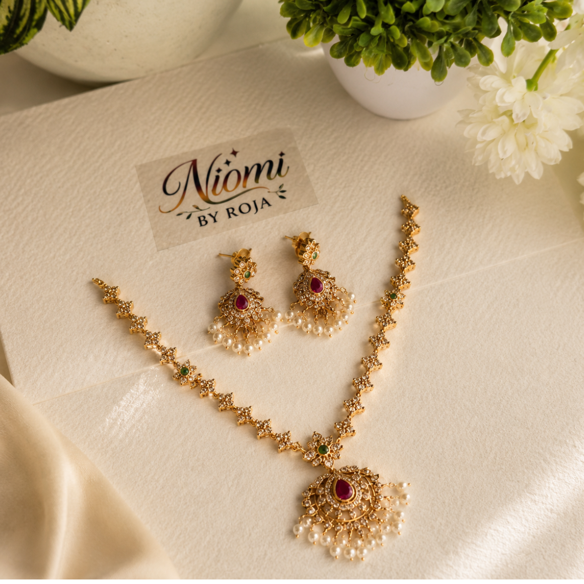 Ruby Pearl Drop Necklace Set