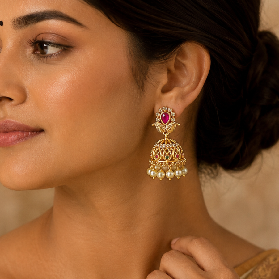 Ruby Pearl Lotus Jhumkas