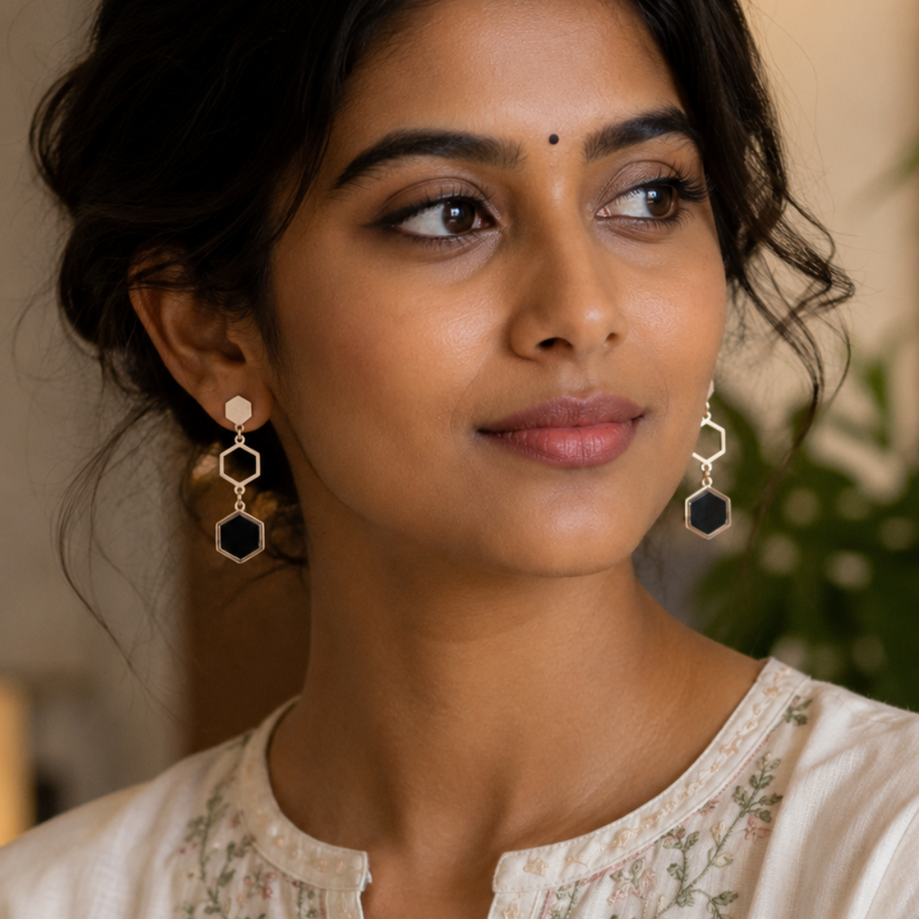 Black Hex Drop Earrings