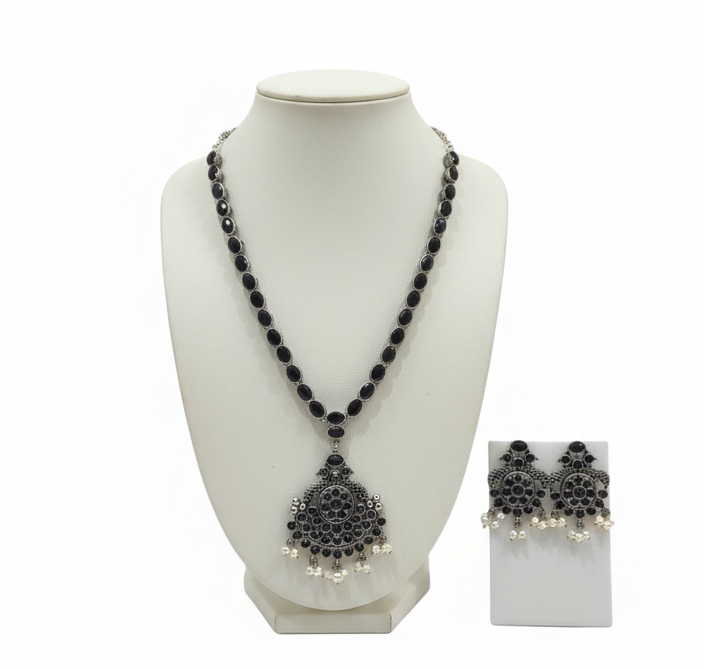 Oxidized Black Stone Necklace Set with Earrings