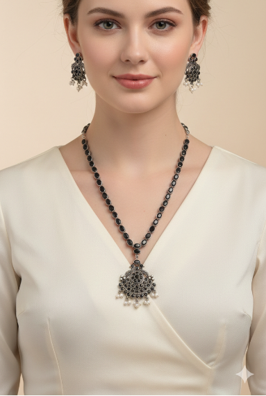 Oxidized Black Stone Necklace Set with Earrings