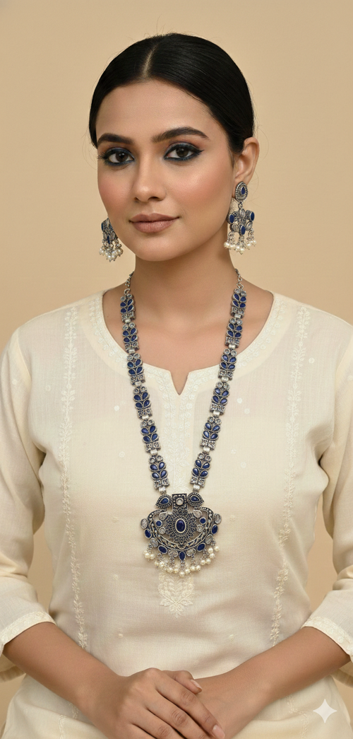 Blue Stone Oxidized Necklace Set with Earrings