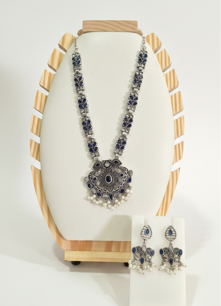 Blue Stone Oxidized Necklace Set with Earrings