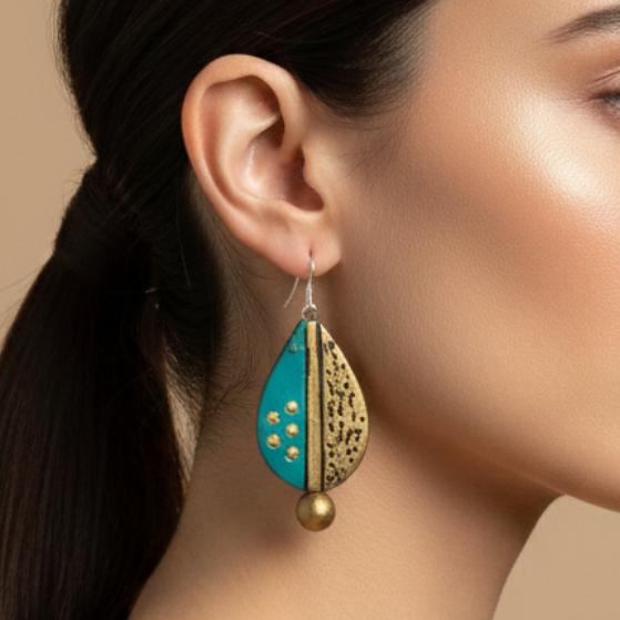 Teal & Gold Artistic Drop Earrings
