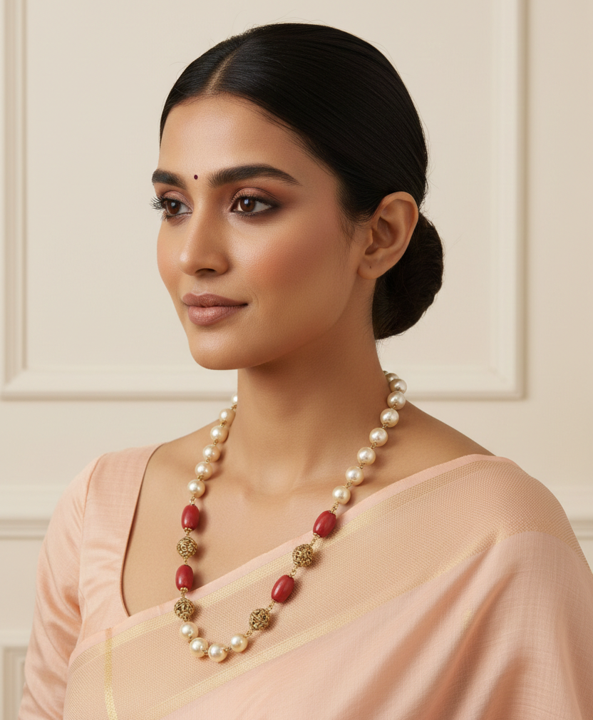 Coral red and white Beads Necklace